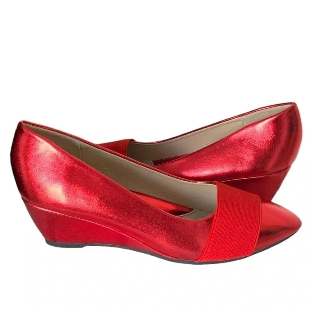 ANGEL STEPS | Metallic Red Dressy Pointed Slip-on Comfortable Wedge Size 6 - Picture 4 of 7